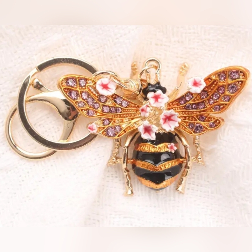 Bee Charm Keychain with Floral Accents - Gold Toned - Sparkly Accessory NEW